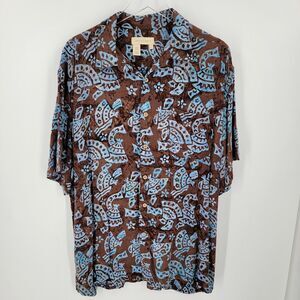Territory Ahead Shirt Mens XL Button Up Brown Blue Print Rayon Short Sleeve